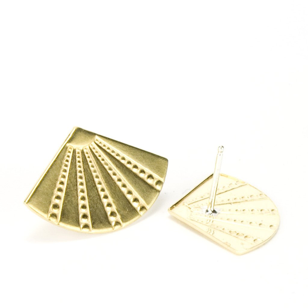 Fan shaped post earrings with geometric deco patterns.