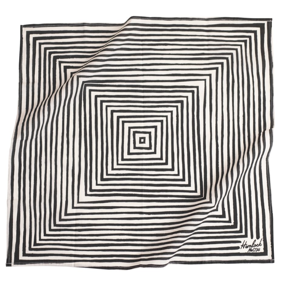 White bandana with black lined pattern. Designed by Hemlock Goods in Fulton, MO and screen printed by hand in India.