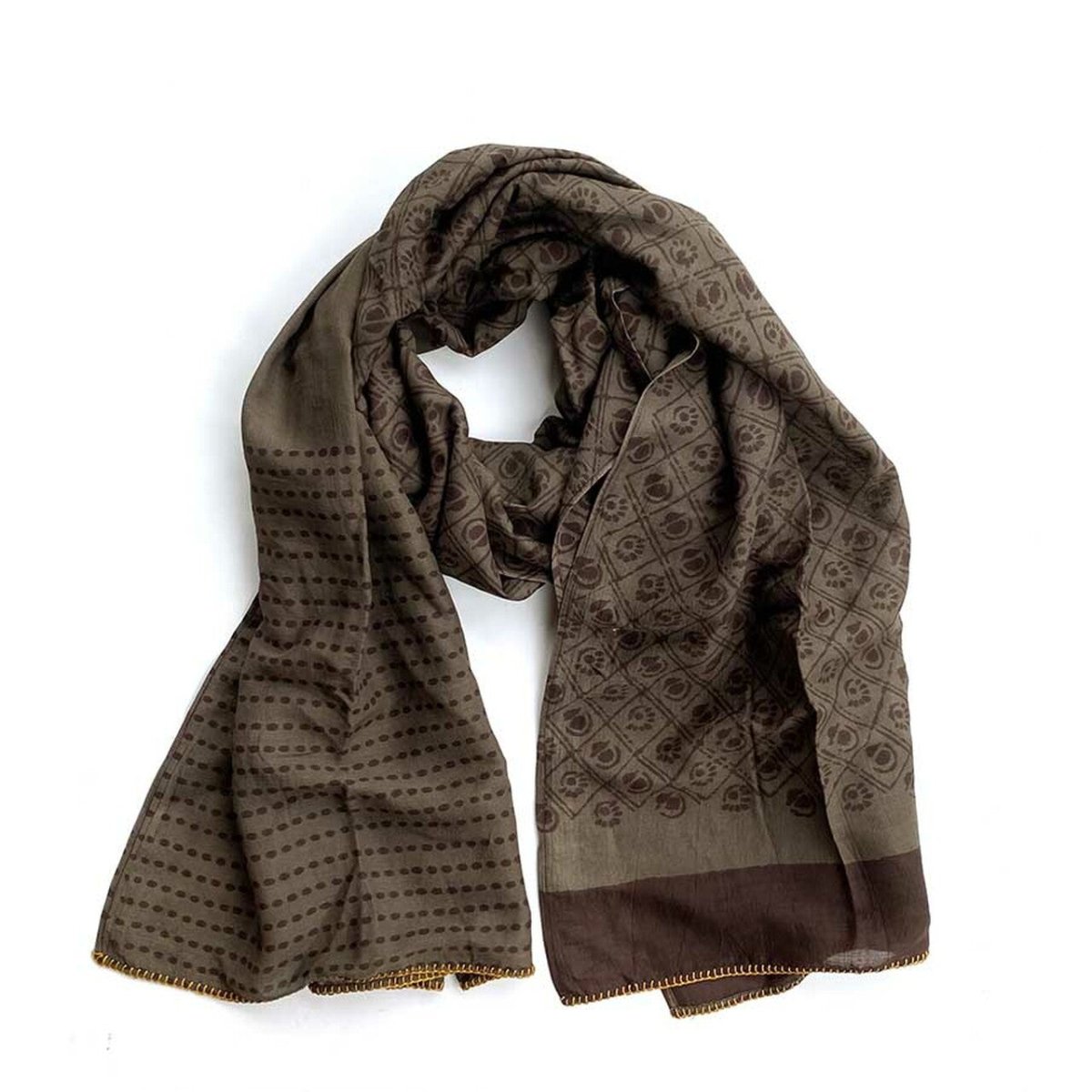Deep brown scarf with block printed pattern and golden thread hemmed edge. Designed by Ichcha and handmade in India.