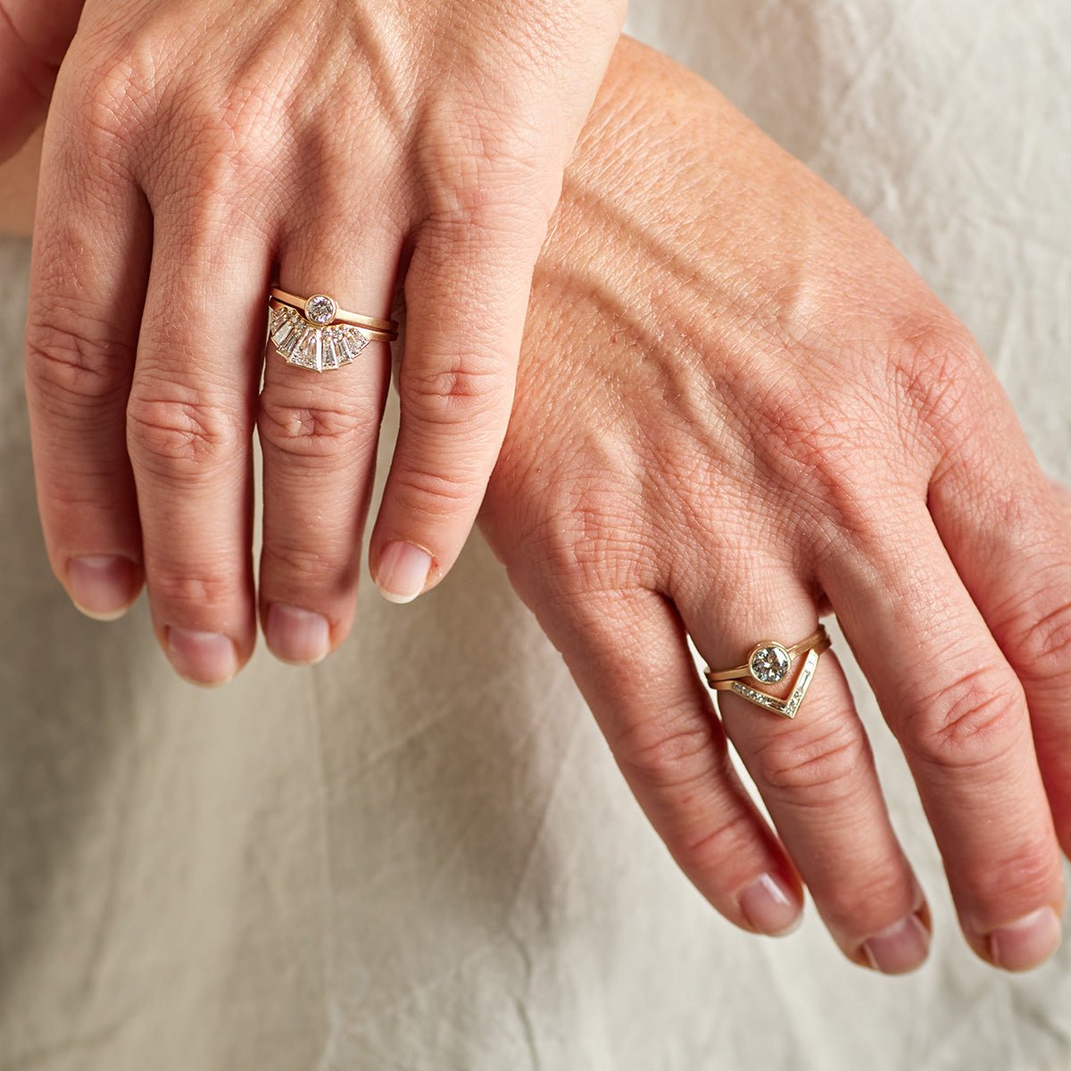 Model wears the Apricus ring stacked with the Sano ring (0.25 ct) on their left hand. On their right hand, they wear the Altus ring and Sano ring (0.6 ct).