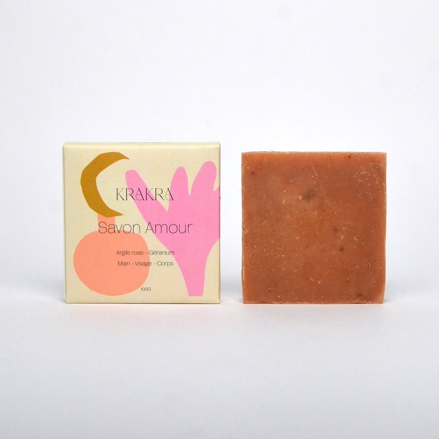A square bar of soap infused with rose and geranium essential oils. Handcrafted in Bordeaux, France by Krakra Cosmetics. 