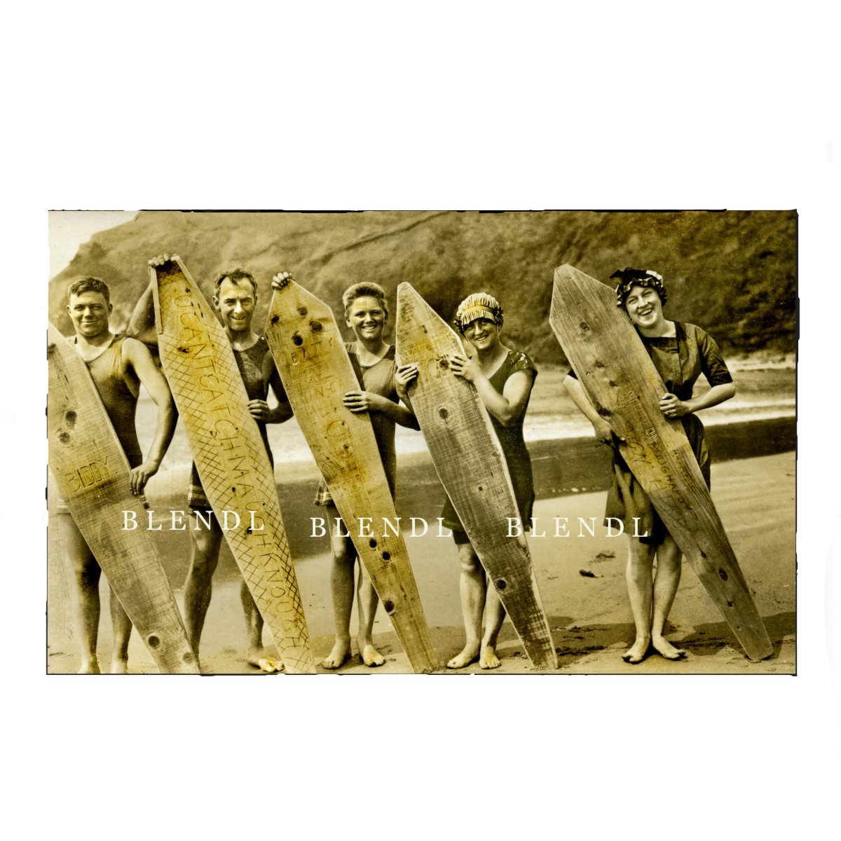 A historical photograph of five surfers and their boards at Oregon's Pacific Coast. Reproduced by Alex Blendl Historic Photos in Portland, Oregon. 