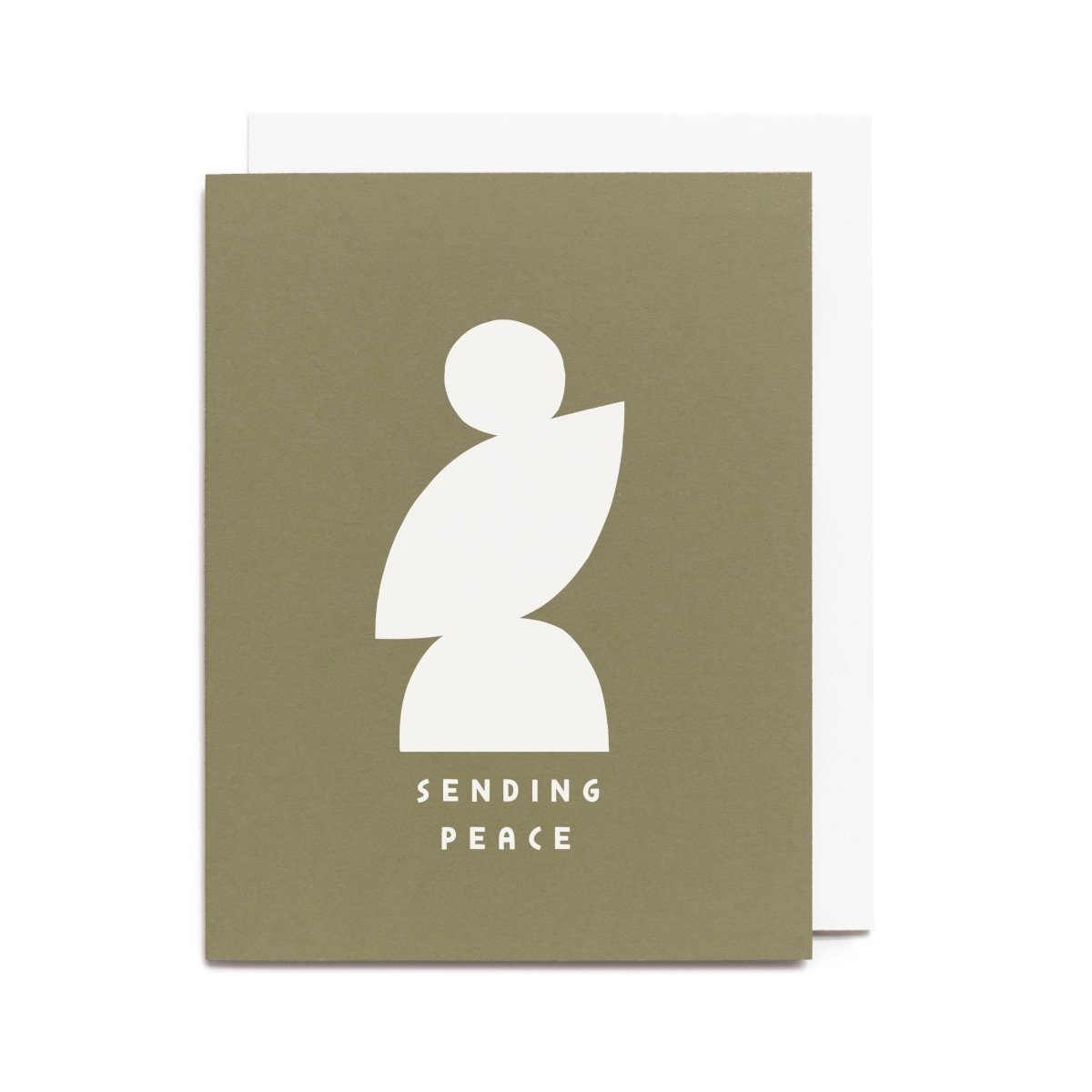 A moss green card with a white abstract illustration. Front of card reads: "SENDING PEACE." Designed and handcrafted by Worthwhile Paper in Ypsilanti, MI.