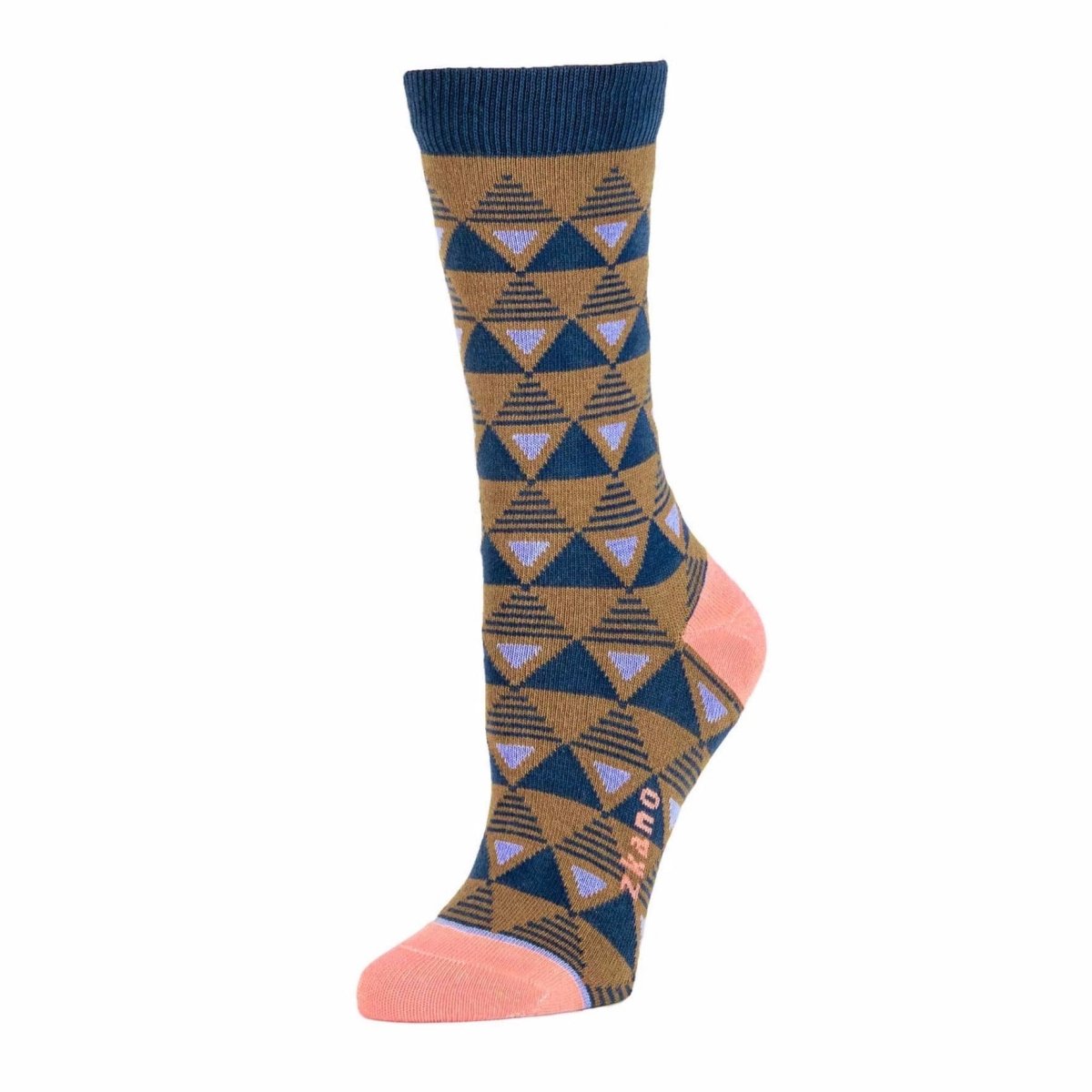 Light brown sock with navy blue triangular pattern and navy blue ribbed collar. Heel and toe are a light pink as well as the logo along the arch. The Sierra Sock in Bronze is from Zkano and made in Alabama, USA.