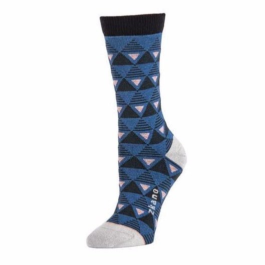 Dark blue sock with navy triangular pattern and a navy ribbed collar. Heel and toe are a light grey as well as the logo along the arch. The Sierra Sock in Cornflower is from Zkano and made in Alabama, USA.