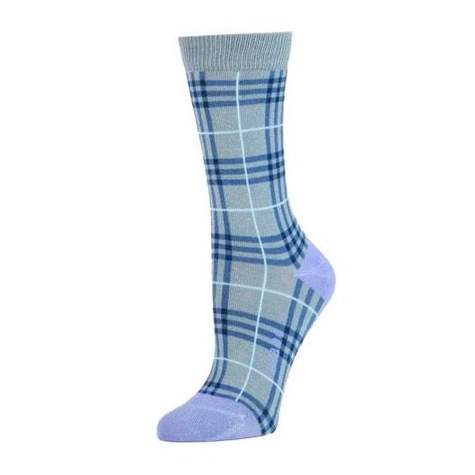 Blue and periwinkle crew sock with plaid pattern and a ribbed collar. The simple Plaid New Sock in Lead is from Zkano and made in Alabama, USA.
