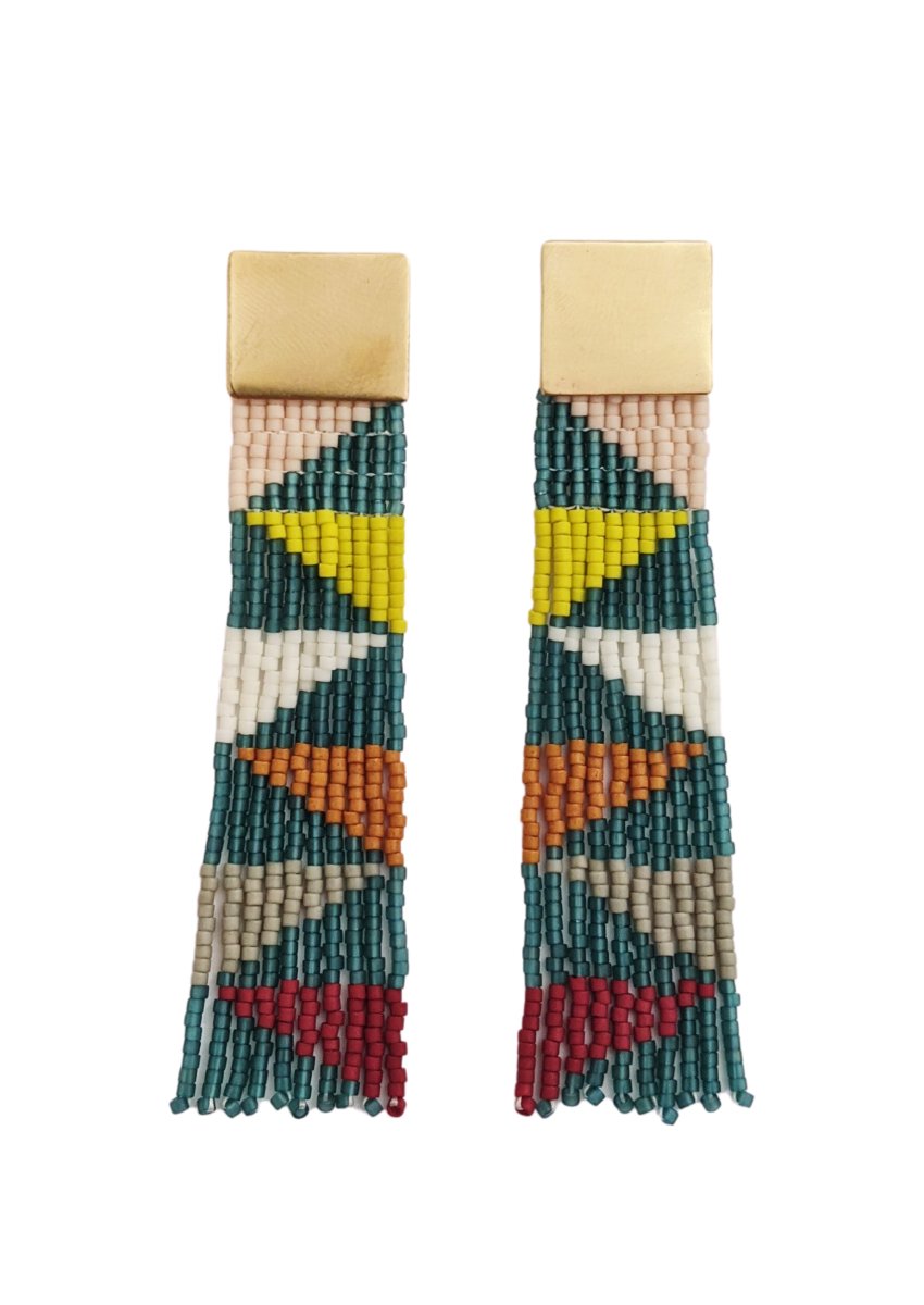 Beaded fringe earrings with a brass square stud. Beads are in emerald, white, yellow, red, grey, orange and salmon. They create a triangular pattern throughout. The Small Kaleidoscope Beaded earrings are designed and handmade by Take Shape Studio in Berkley, California.