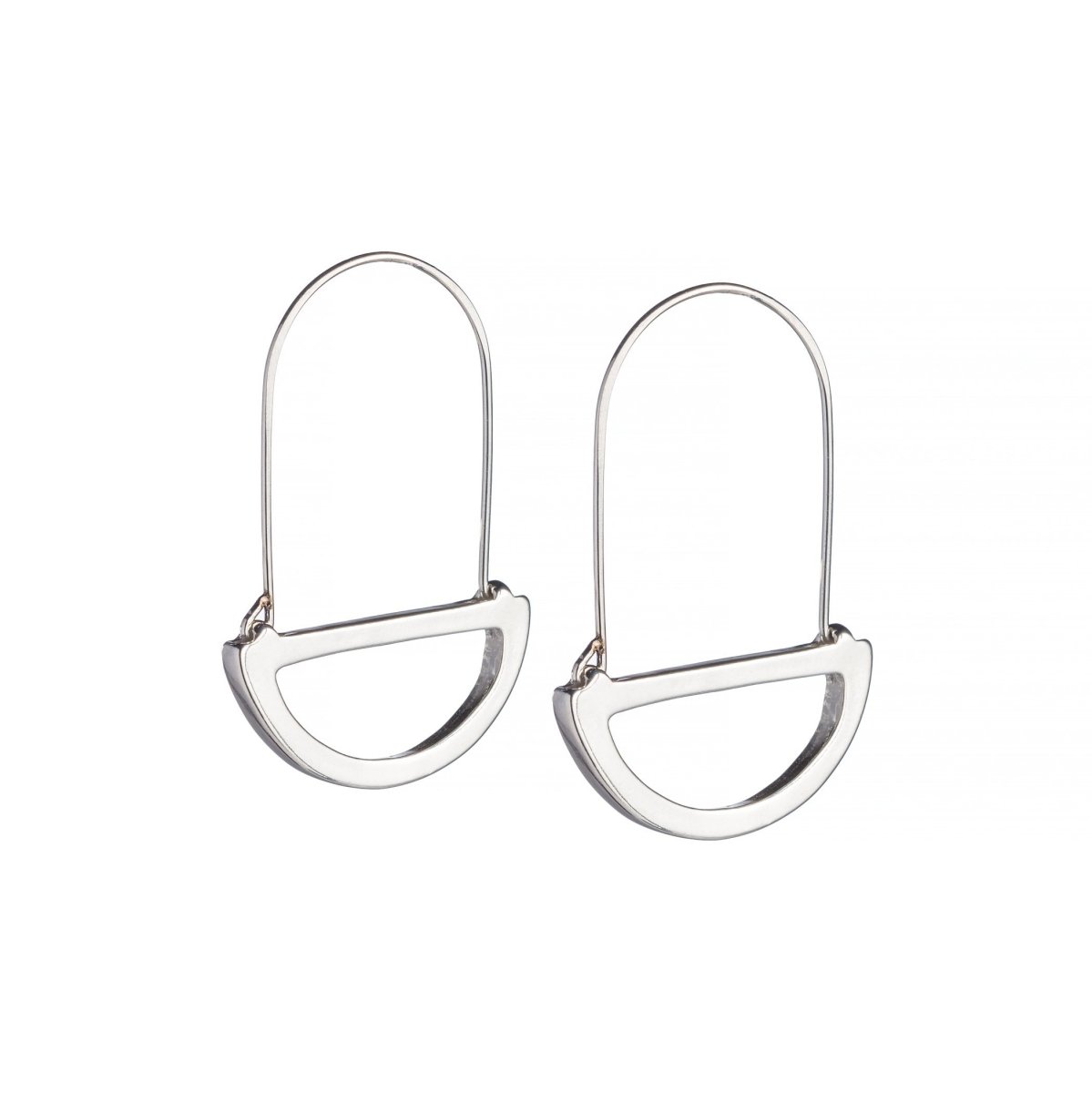 Modern, polished, cast silver semicircle pendants hanging below long, hand-formed, sterling silver hoops. Hand-crafted in Portland, Oregon.