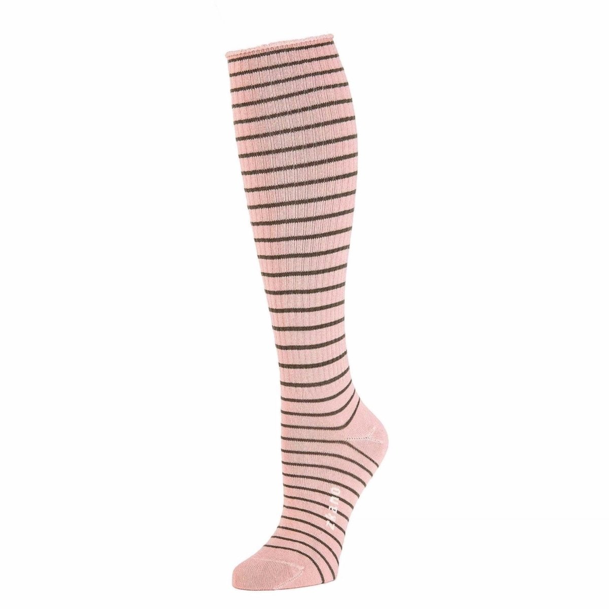 Ribbed knee sock in pink with a brown striped pattern. Logo along the arch is white. The Rose Striped Knee Sock in Antique Rose is from Zkano and made in Alabama, USA.