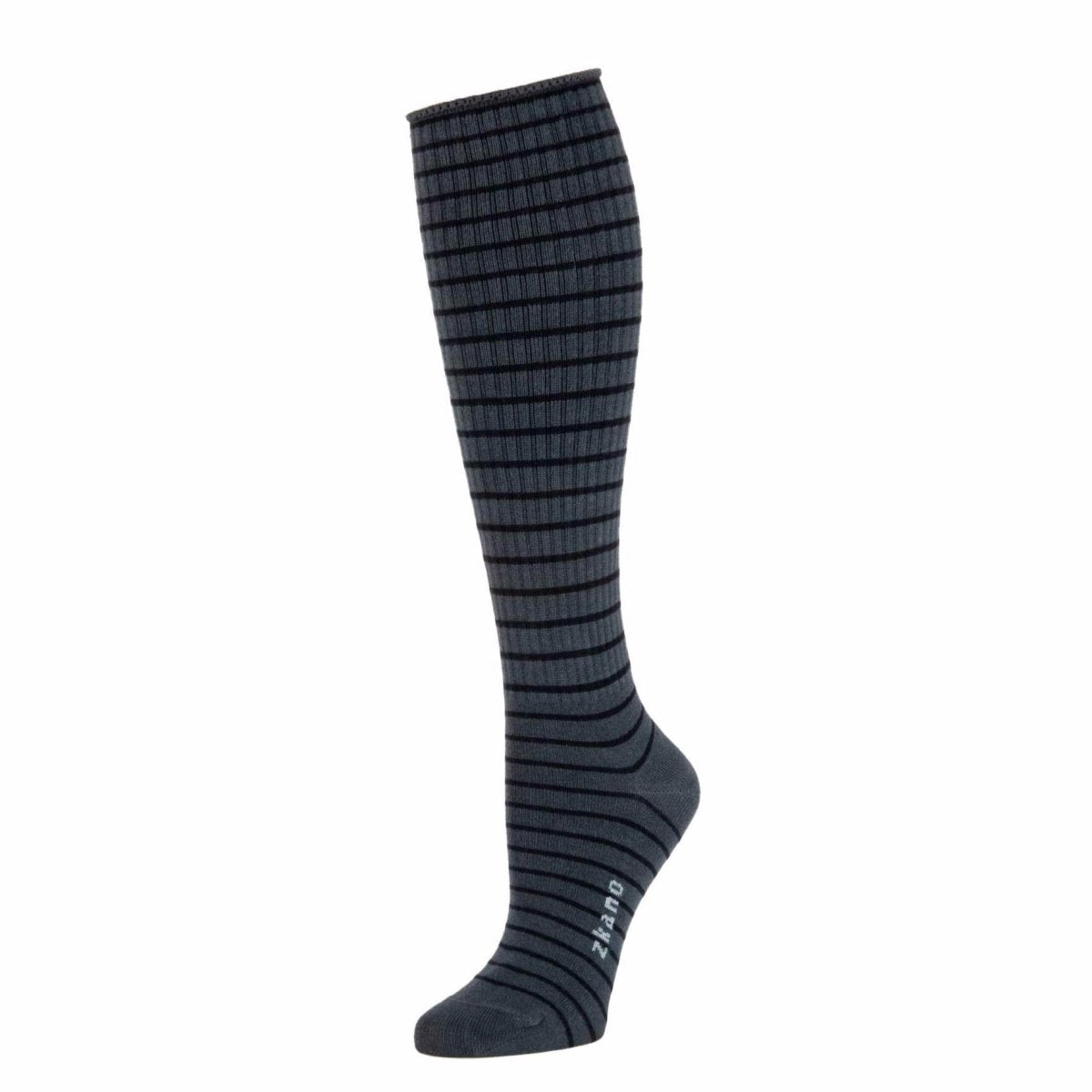 Dark grey ribbed knee sock with black striped pattern. The Rose Striped Knee Sock in Ash is from Zkano and made in Alabama, USA.