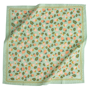 A light green bandana with a pink, green and yellow strawberry pattern. Designed by Hemlock Goods in Fulton, MO and screen printed by hand in India.