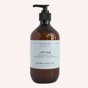 Amber lotion bottle against a white background. The label reads "LOTION Eucalyptus Lavender & Geranium Sydney Hale Co"