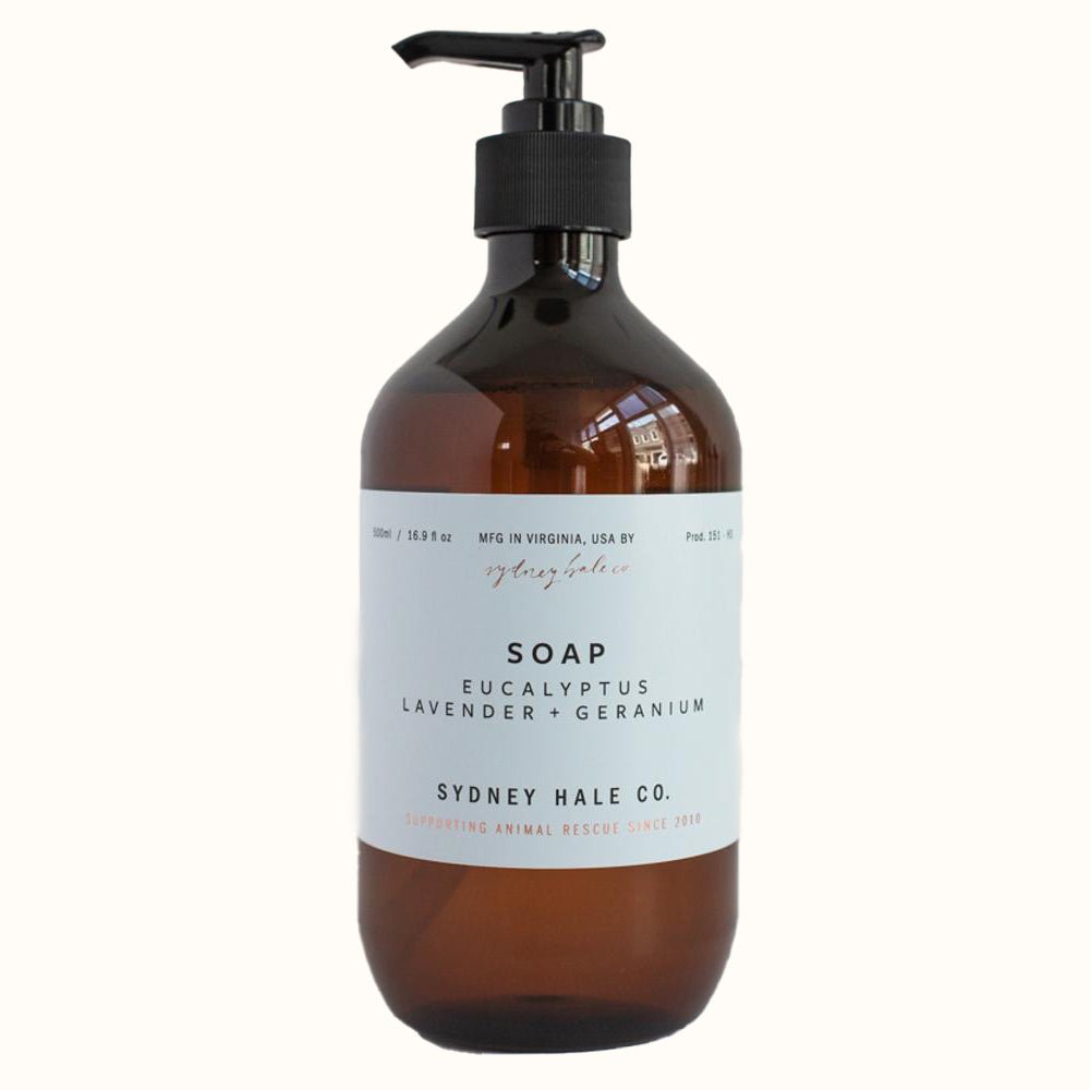 Amber soap bottle against a white background. Label reads : "SOAP Eucalyptus Lavender + Geranium Sydney Hale CO"