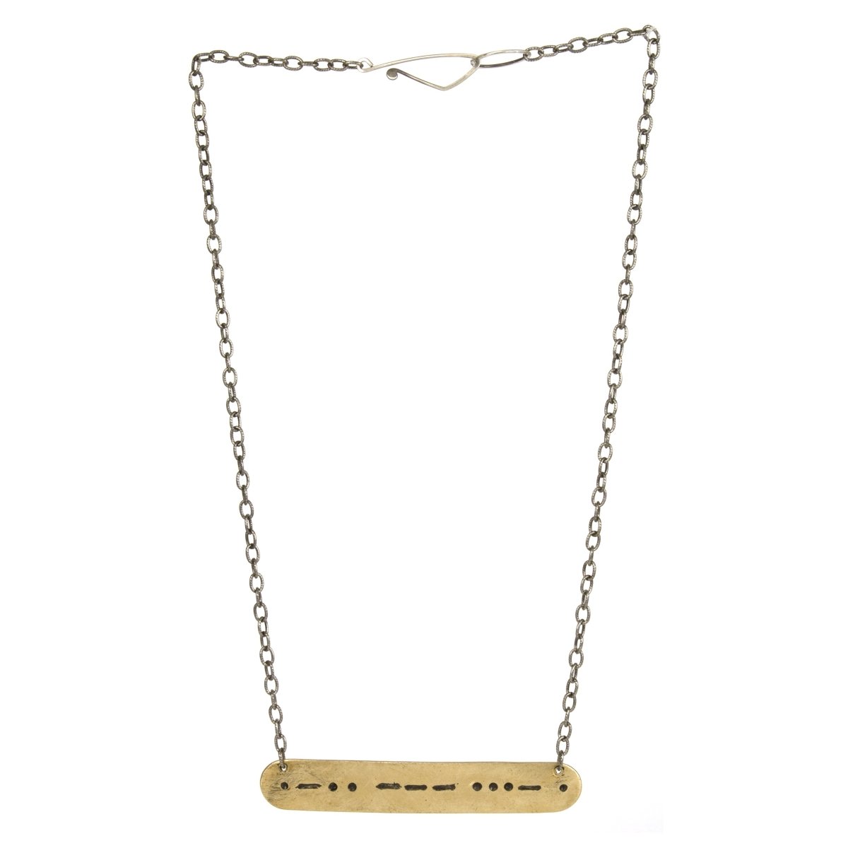 A long, full view of the betsy & iya morse code necklace.