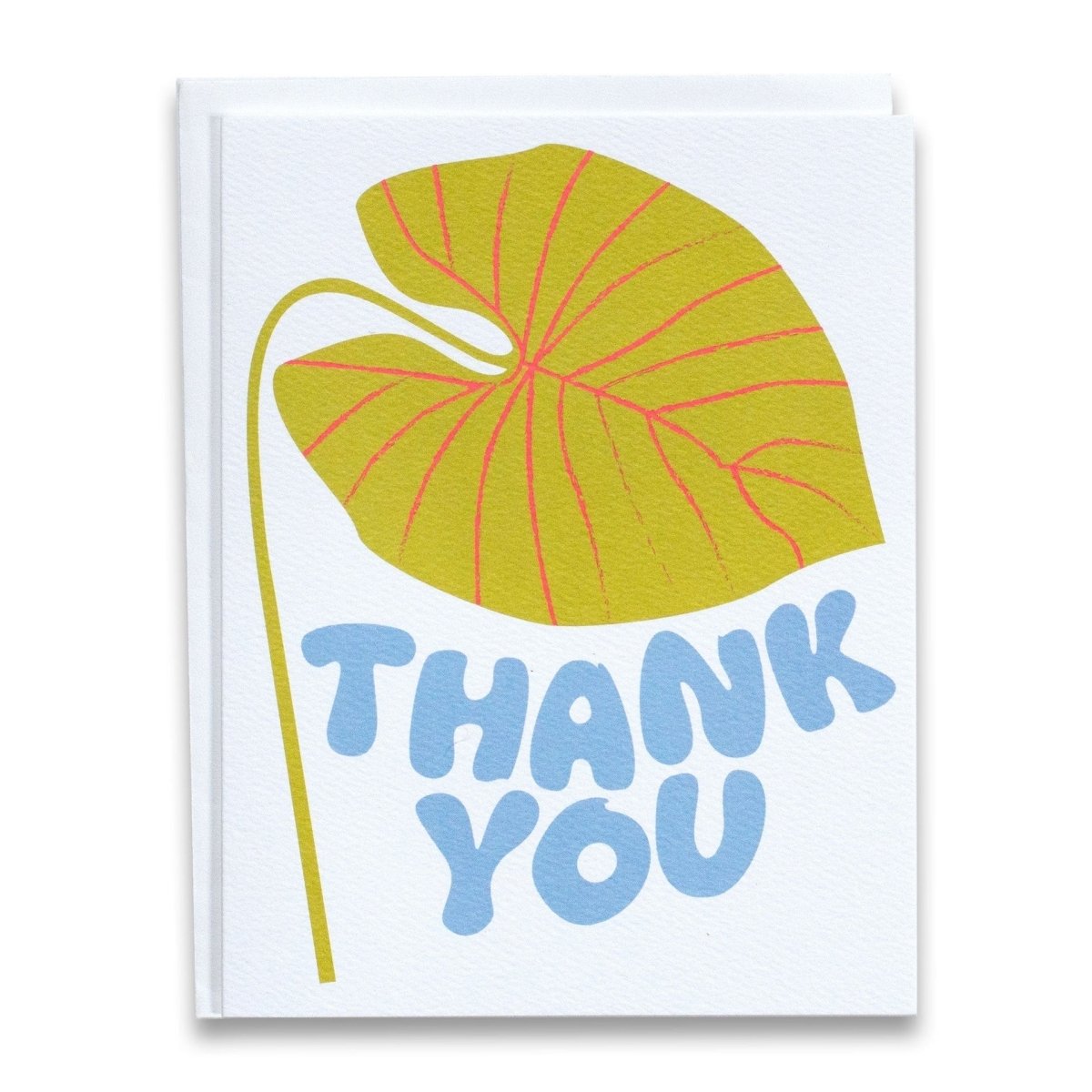 White card with a single green and pink Monstera leaf illustration. Front of card reads: "THANK YOU" in blue bubble script. Made with recycled paper by Banquet Atelier in Vancouver, British Columbia, Canada.
