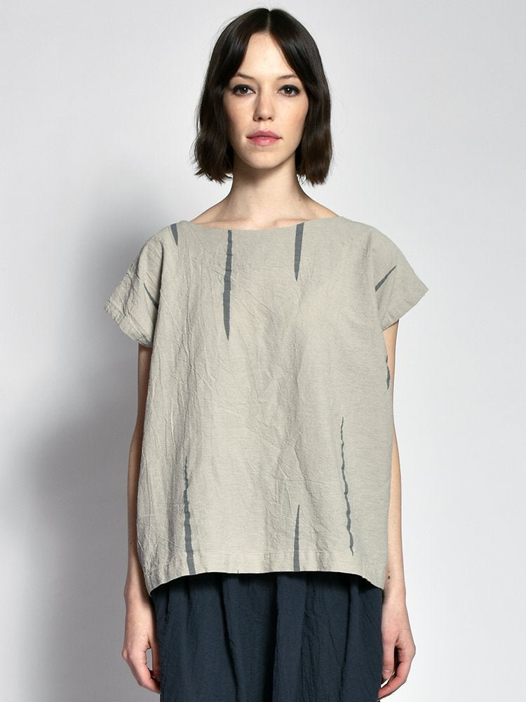 Warm grey short sleeved tunic with dark grey vertical stripes. The Tunic in Oatmeal Scratch is designed and sewn by Uzi in Brooklyn, NY.
