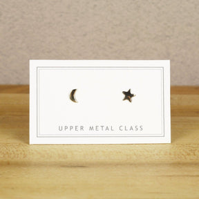 Upper Metal Class Bronze Moon Star Stud Earrings