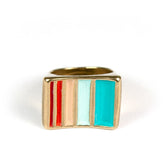 Cast bronze ring with teal, red, and aqua accents handmade in Portland.