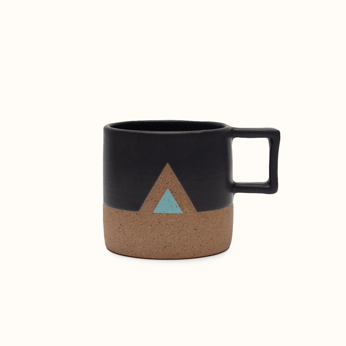 Handle Mug with black satin glaze and turquoise triangle. Made in Portland, Oregon by Wolf Ceramics.
