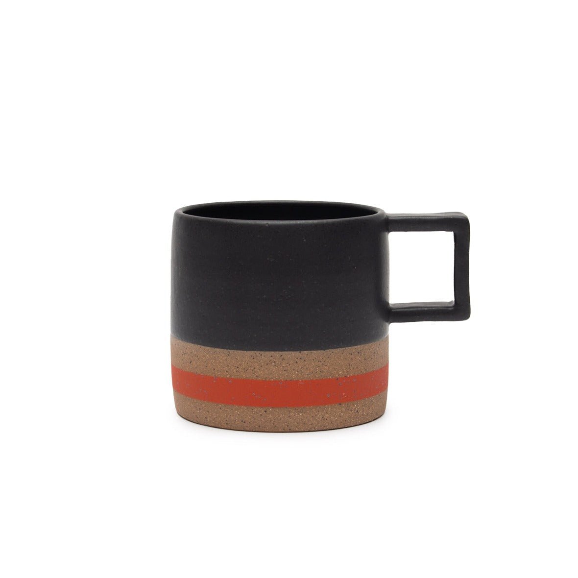 Handle Mug with black satin glaze and a reddish/orange stripe. Made in Hood River, Oregon by Wolf Ceramics.