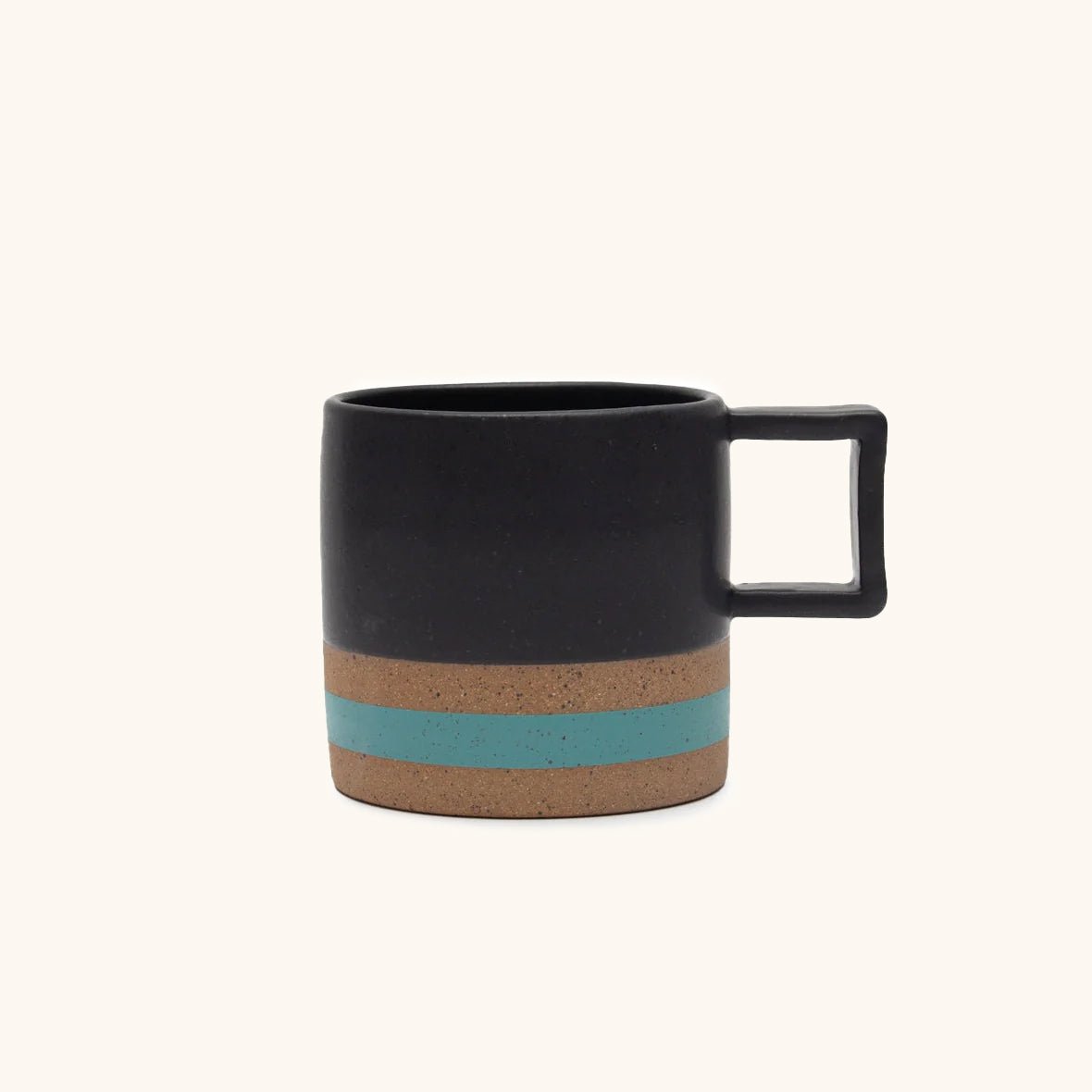 Handle Mug with black satin glaze and turquoise stripe. Made in Hood River, Oregon by Wolf Ceramics.
