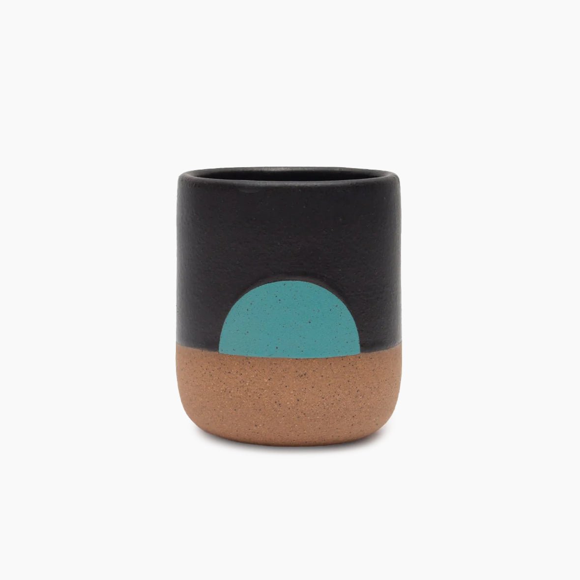Handleless Mug with black satin glaze and teal half moon illustration. Made in Hood River, Oregon by Wolf Ceramics.