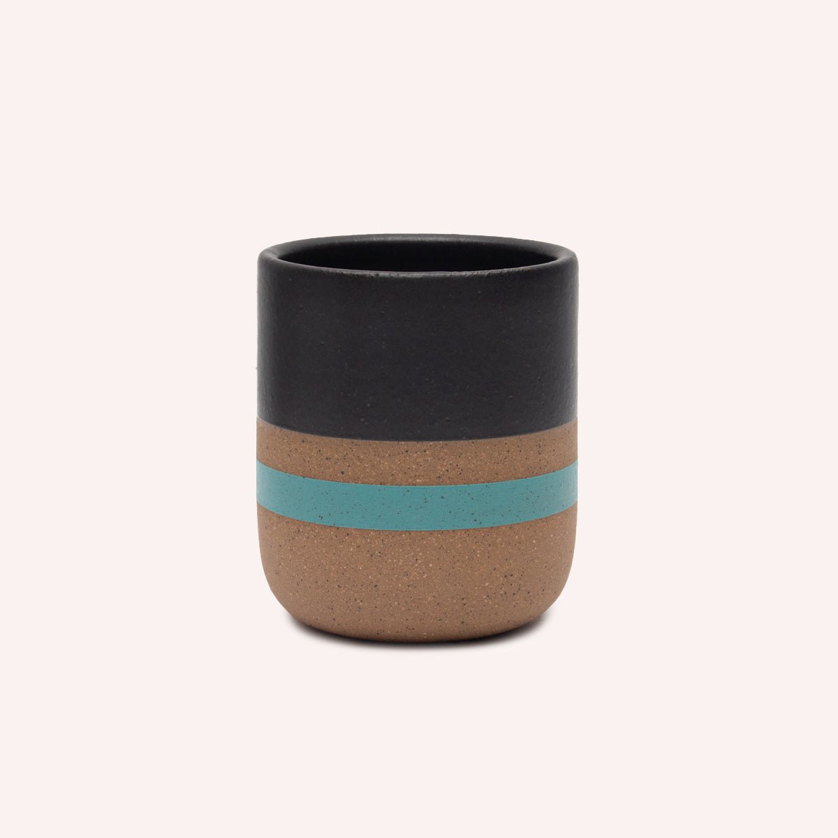 Handleless Mug with black satin glaze and teal stripe. Made in Hood River, Oregon by Wolf Ceramics.