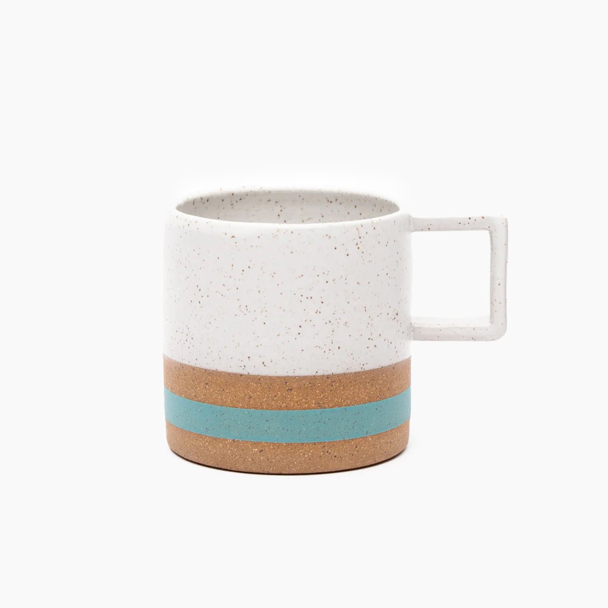 Handle Mug with white satin glaze and turquoise stripe. Made in Portland, Oregon by Wolf Ceramics.