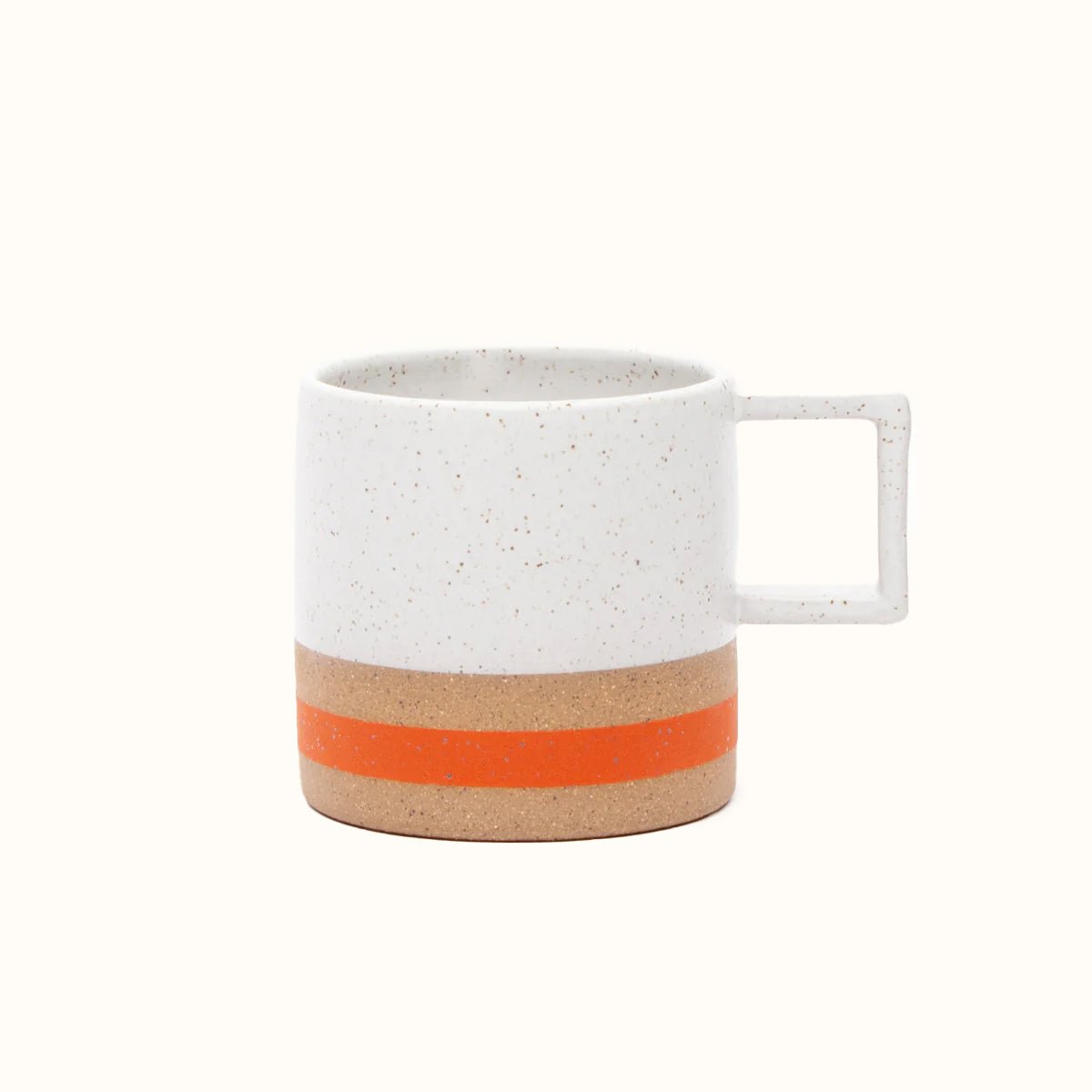 Handle Mug with white satin glaze and orange stripe. Made in Hood River, Oregon by Wolf Ceramics.
