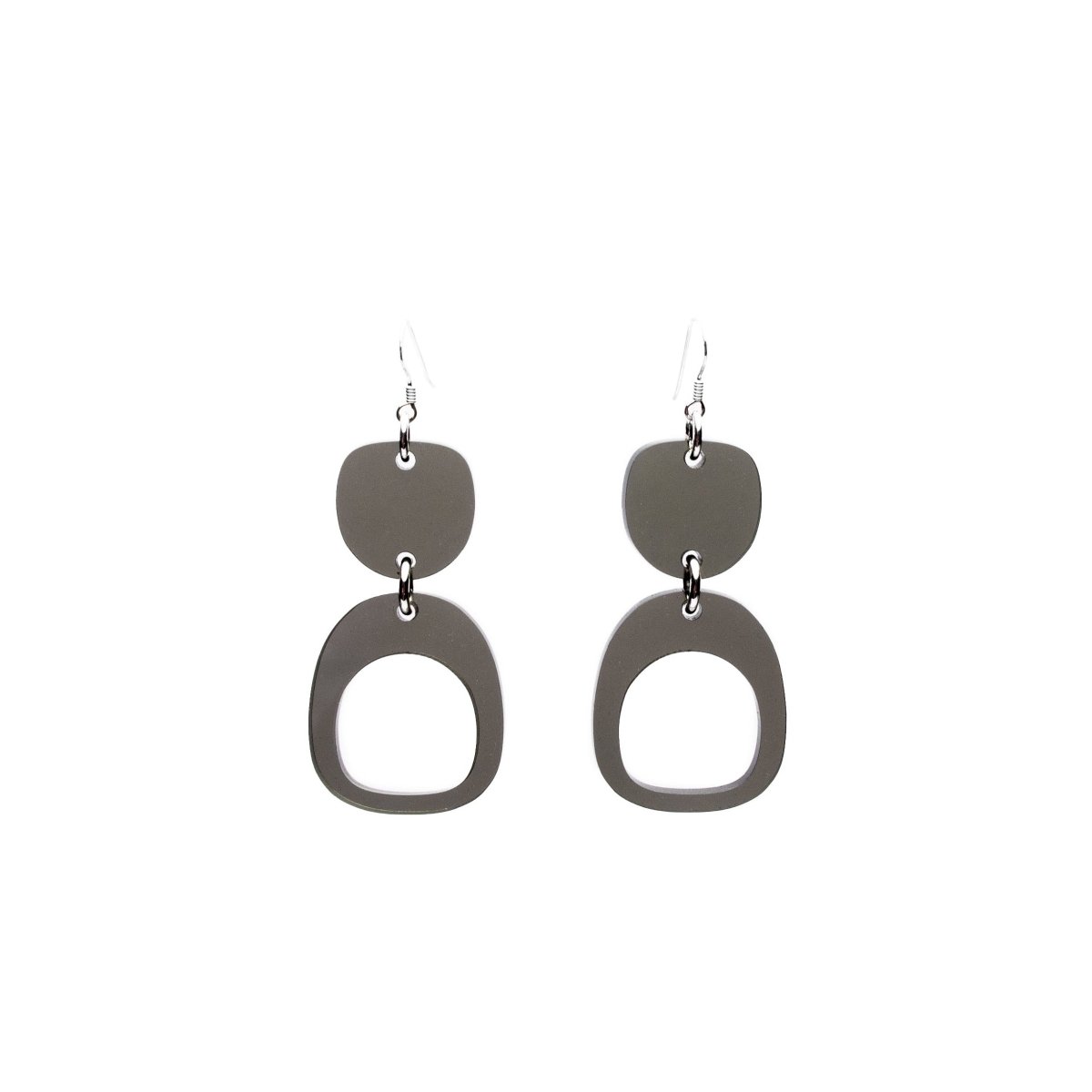 Two acrylic ovoids come together with sterling silver rings and sterling silver ear wires. The Ovoid Mini Earrings in Smoke are designed and handcrafted by Warren Steven Scott in Canada.