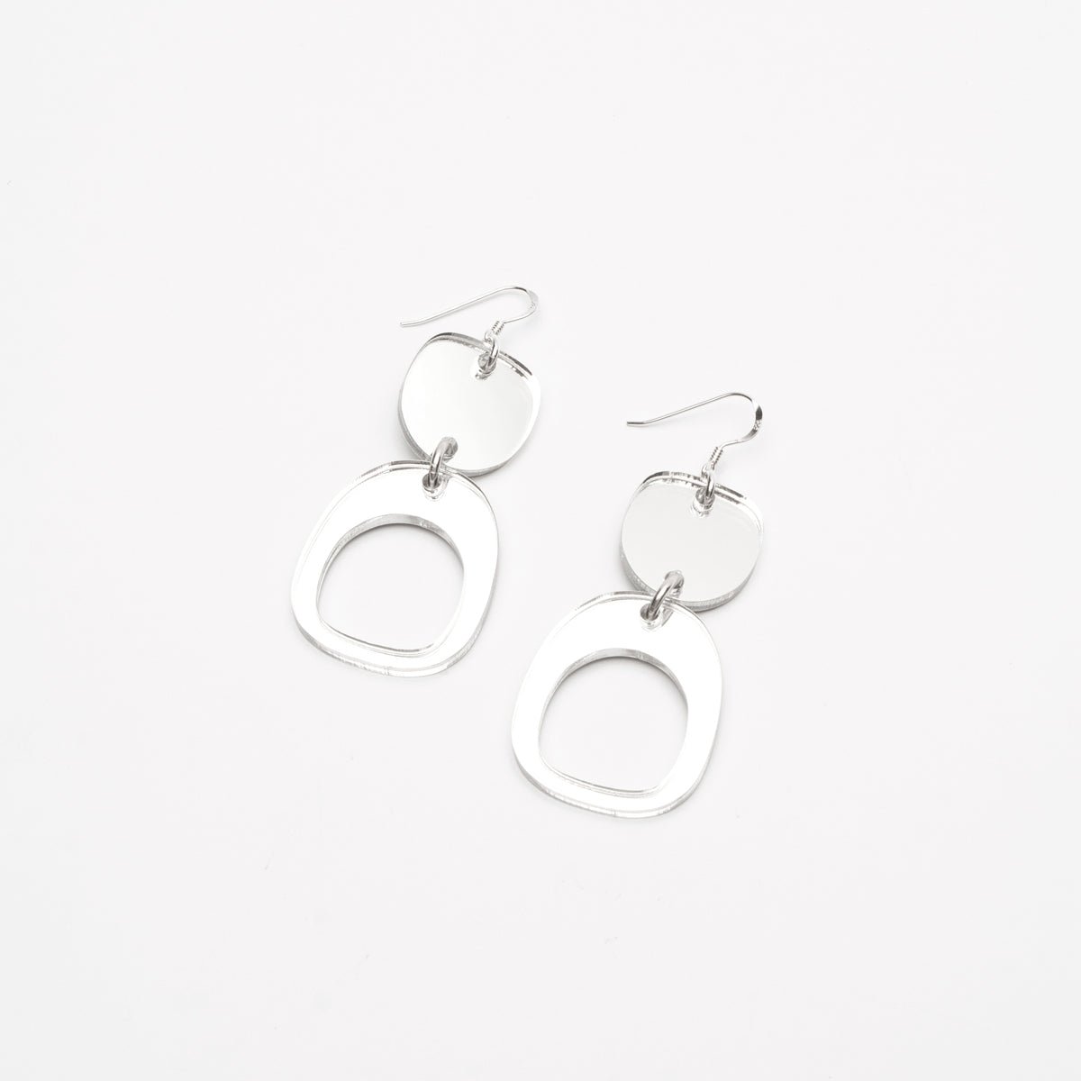 Inverted Ovoid Mini Earrings in Silver. Mirror acrylic and sterling silver. Made in Canada by Warren Steven Scott.