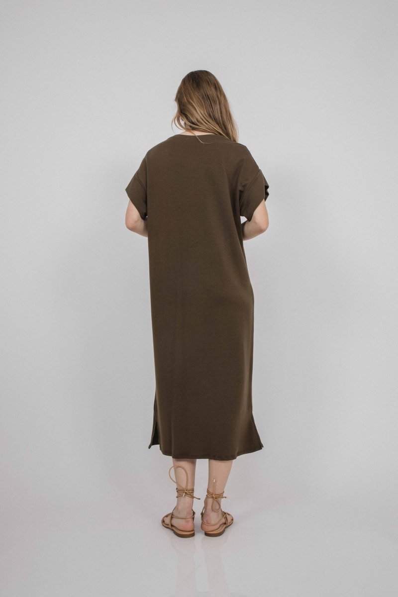 Short sleeve midi dress with side slits in a rich brown. Fabric and dress made in Los Angeles, CA by Corinne Collective.
