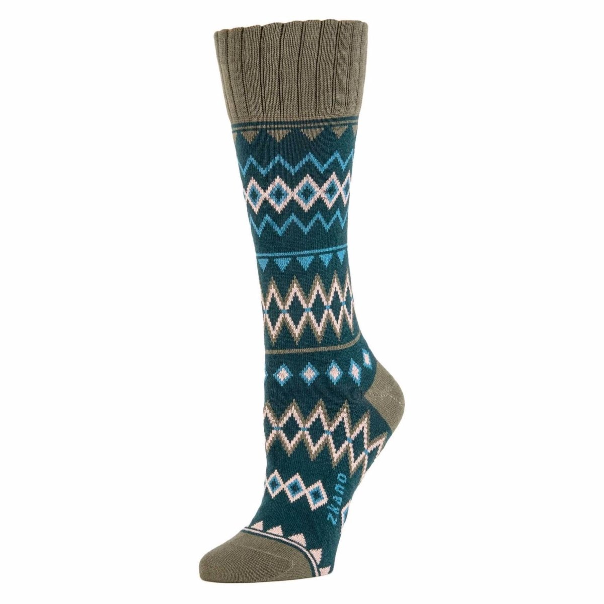Teal sock with a blue, white and army green criss-cross pattern. Heel, toe and ribbed collar are an army green. The Winter Faire Isle Sock in Spruce is from Zkano and made in Alabama, USA.