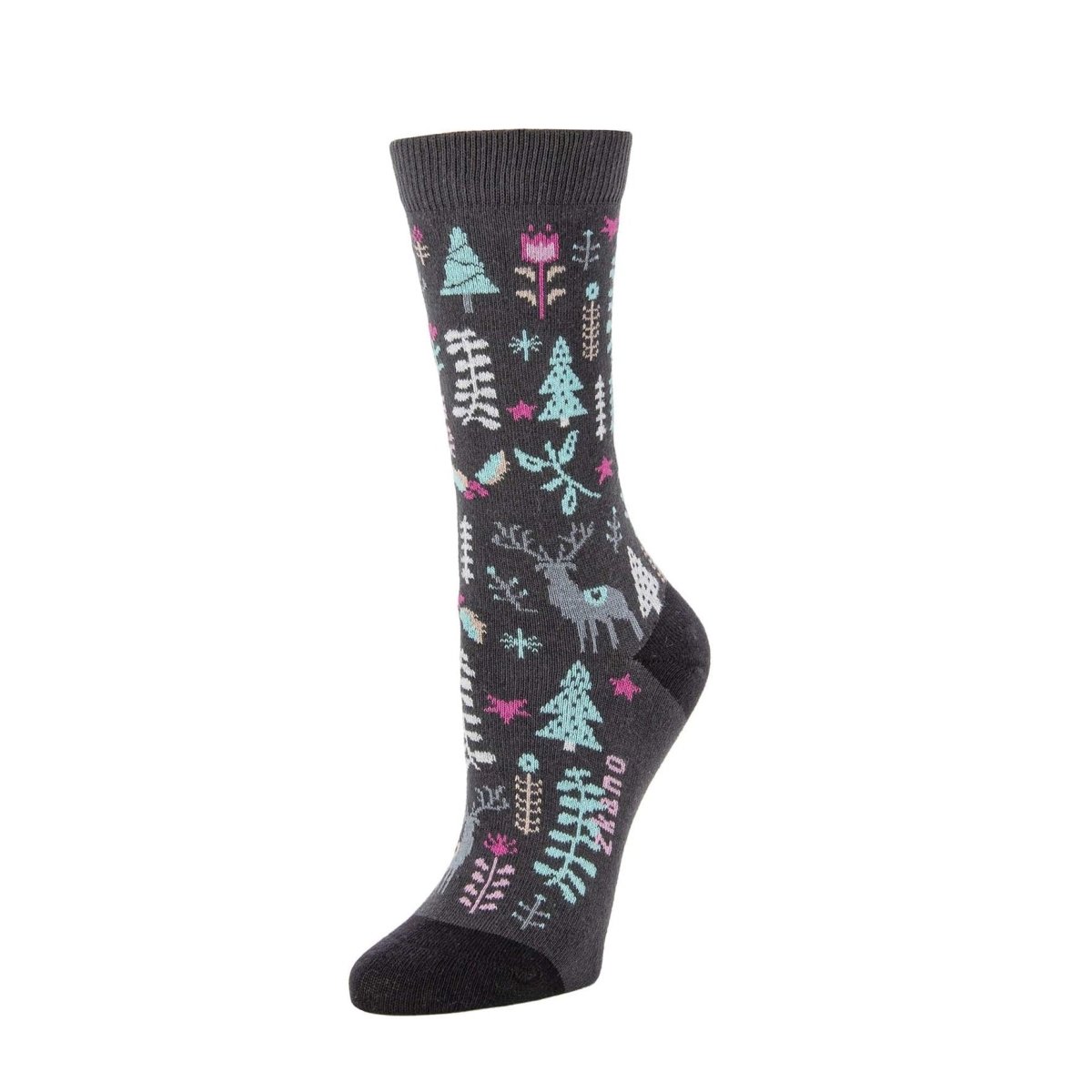 A charcoal colored sock with pink, teal and white woodland designs. The Winter Wonderland in Charcoal sock from Zkano is made in Alabama, USA.