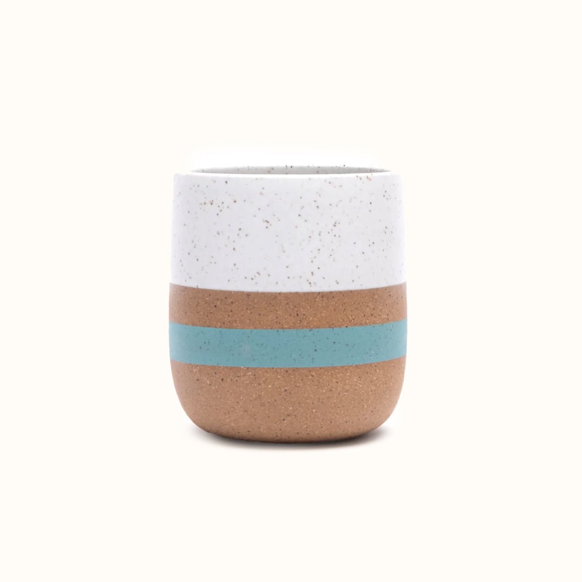 Handleless Mug with white satin glaze and turquoise stripe. Made in Portland, Oregon by Wolf Ceramics.