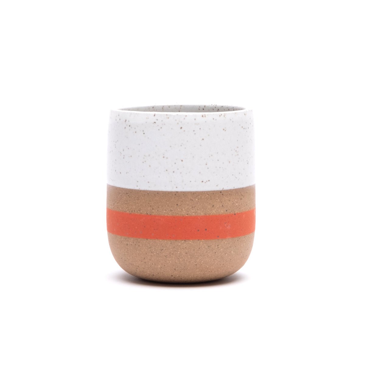 Handleless Mug with white satin glaze and orange stripe. Made in Hood River, Oregon by Wolf Ceramics.