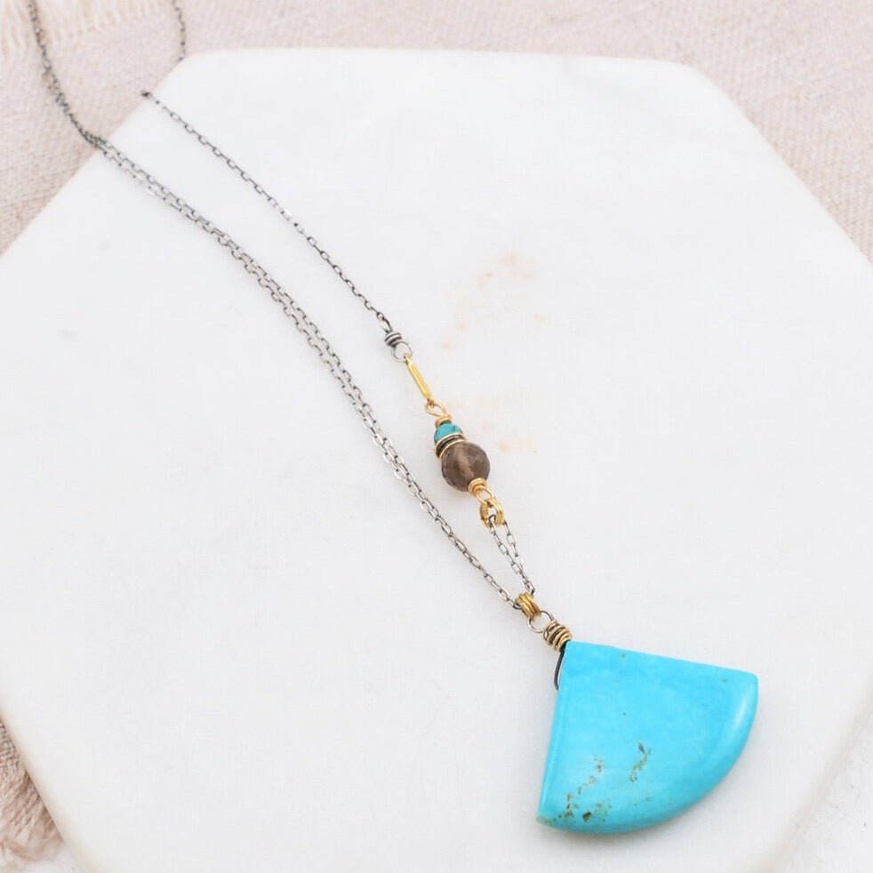 Fan shaped turquoise pendant necklace linked with quartz and turquoise beads on a sterling silver chain. Designed and handmade by Amy Olson in Portland, Oregon.