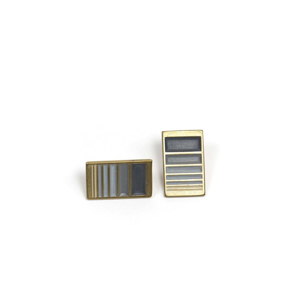 A pair of rectangular, cast-bronze stud earrings, decorated in our Portland colorway, with a gradient of gray paint. Hand-crafted in Portland, Oregon. 
