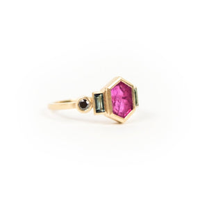 one of a kind gold and hexagonal ruby ring with tourmaline and black diamonds