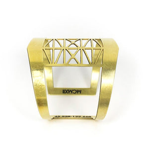 Modern, bold, and adjustable brass cuff bracelet modeled after the Steel Bridge in Portland, Oregon, with the bridge's coordinates and date of construction engraved on the inner cuff.  Hand-crafted in Portland, Oregon.