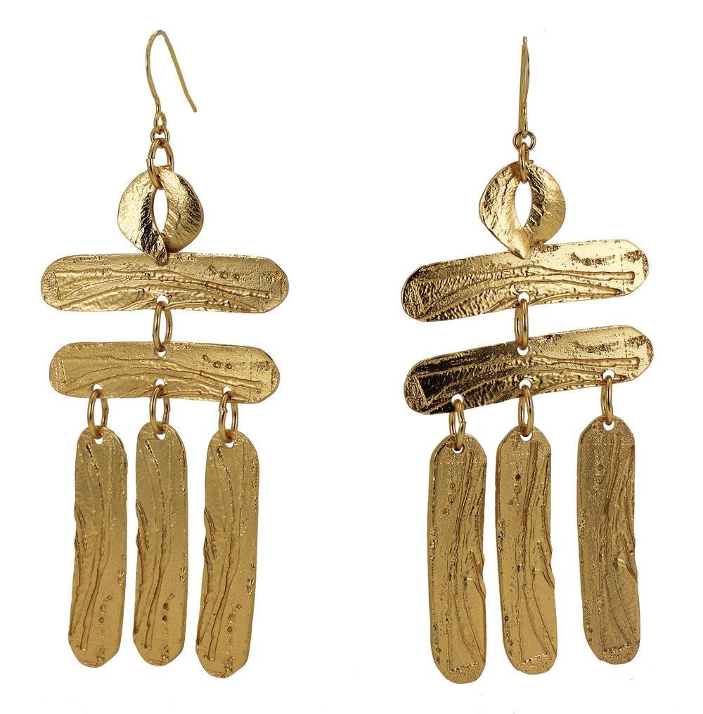 Etched brass dangling earrings with a vermeil earwire. The Building a Ladder earrings are from designer Lingua Nigra.
