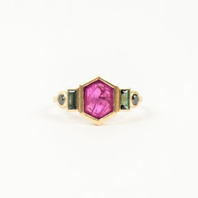 top of hexagonal ruby ring with tourmaline and black diamond accents