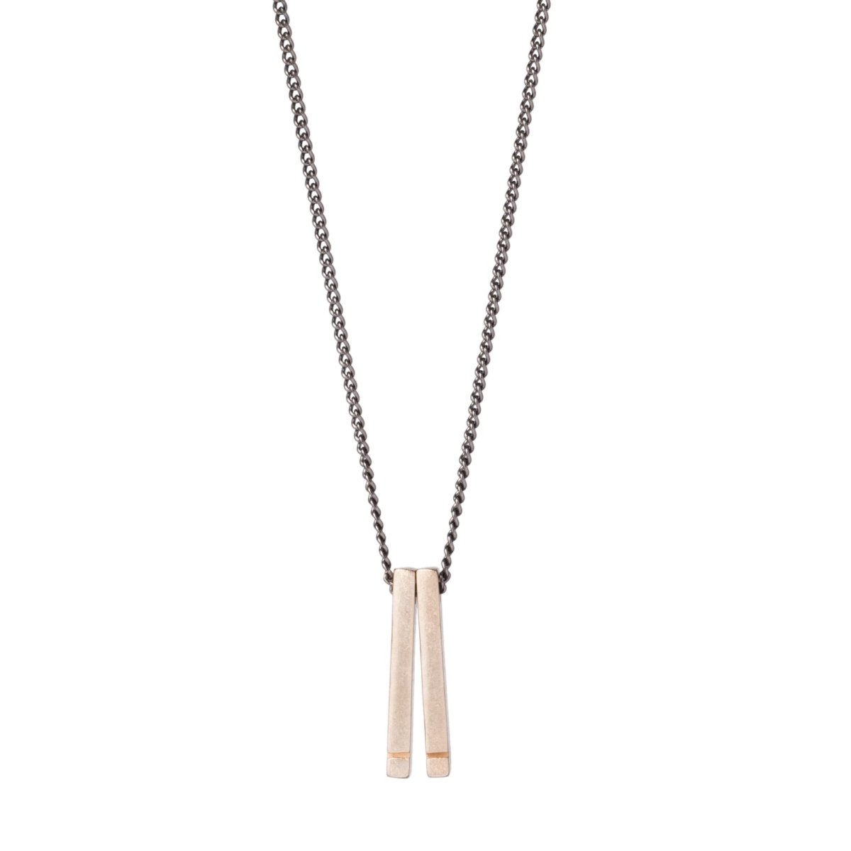 Simple, delicate, 18 inch-long necklace, with two bronze bars dangling from a gunmetal chain. Hand-crafted in Portland, Oregon. 