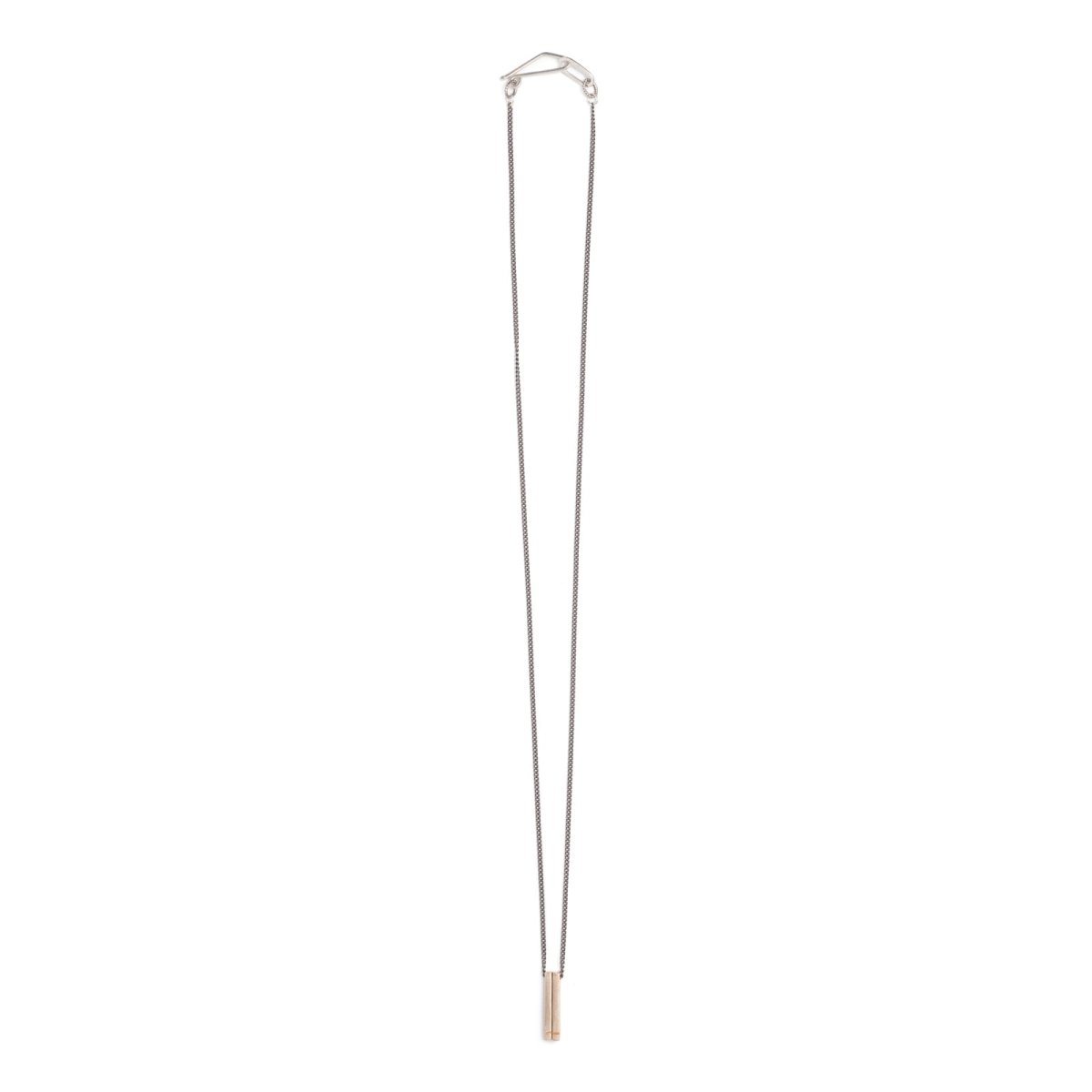 Simple, delicate, 18 inch-long necklace, with two bronze bars dangling from a gunmetal chain, with a sterling silver clasp and closure. Hand-crafted in Portland, Oregon. 