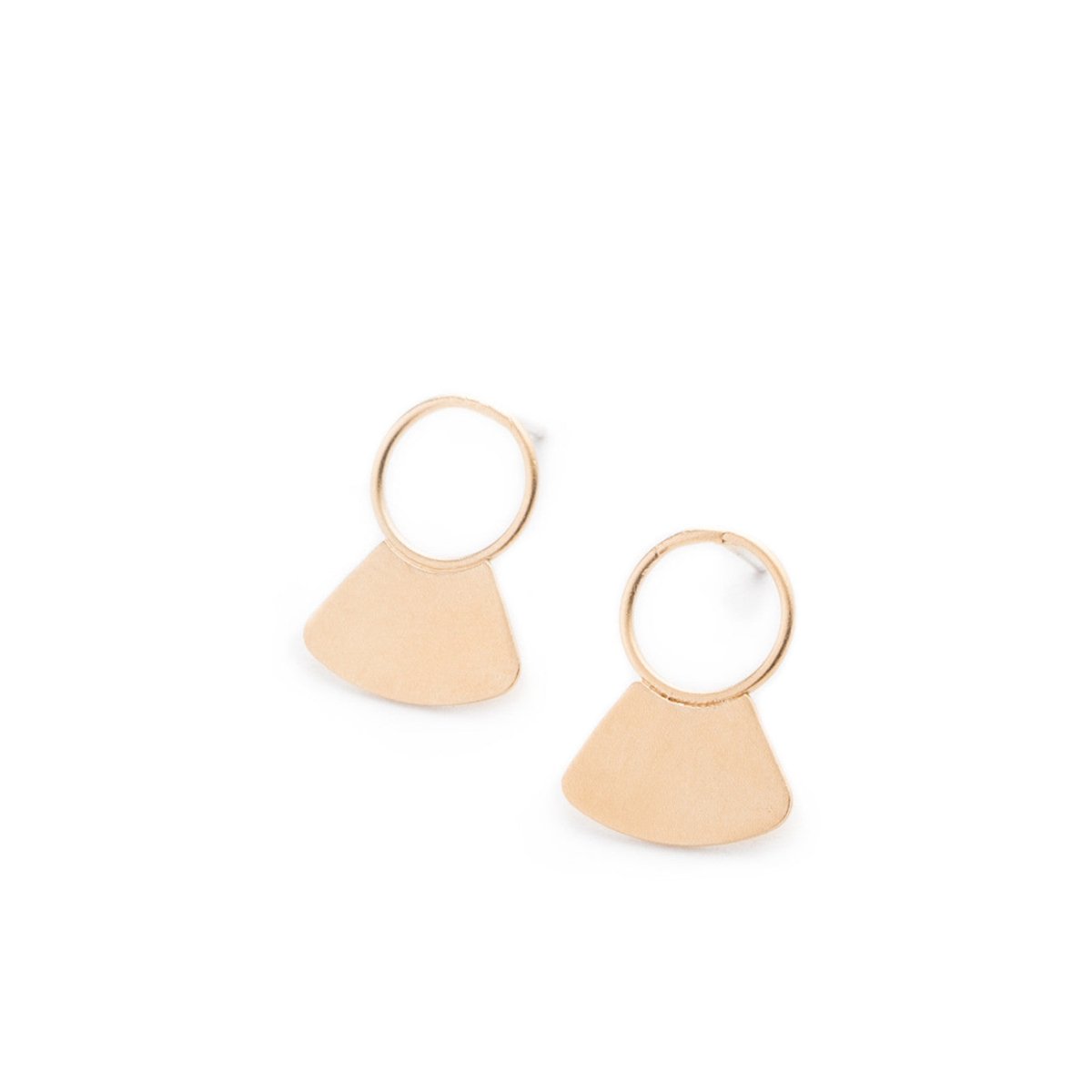 Small, 14k gold-plated studs, featuring a delicate, open circle with a solid fan shape at the base, and sterling silver earring posts. Hand-crafted in Portland, Oregon.
