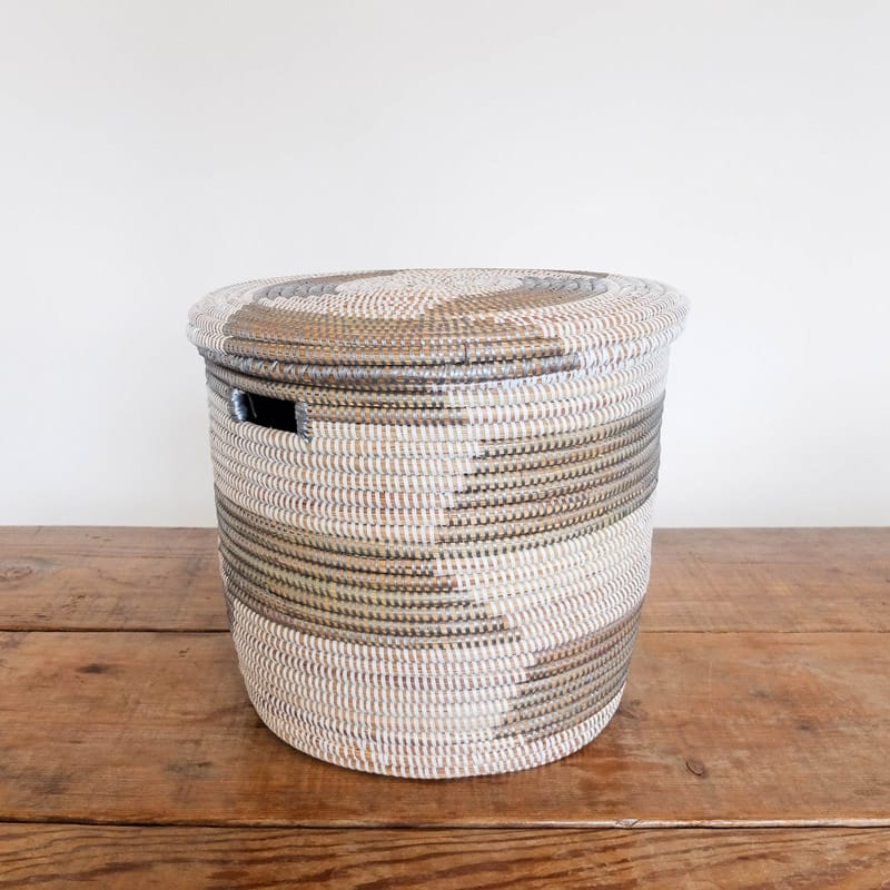 Medium Lidded Senegal Basket in Silver and White