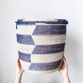 Large Lidded Senegal Basket in White and Blue