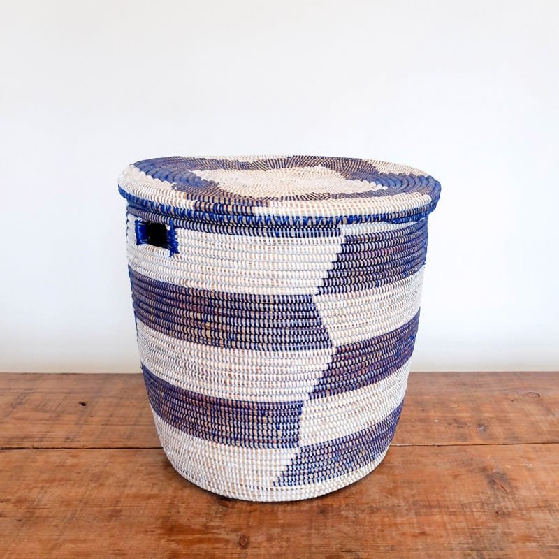 Large Lidded Senegal Basket in White and Blue