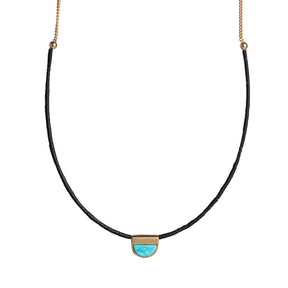 Inti necklace in bronze, focus on Kingman turquoise focal piece
