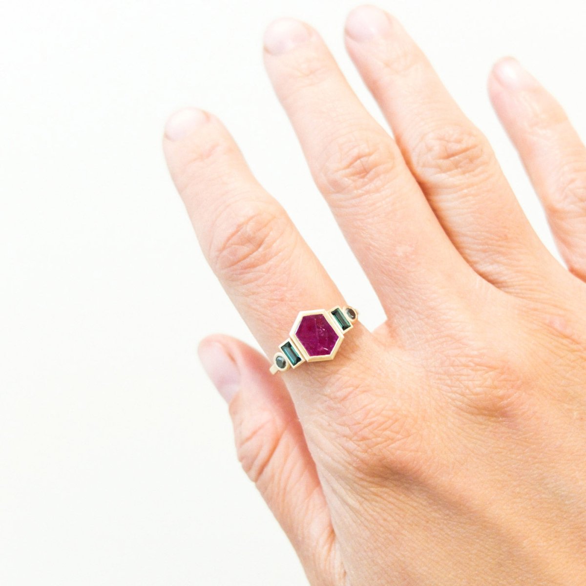 chunky hexagonal natural ruby ring with tourmaline and black diamonds